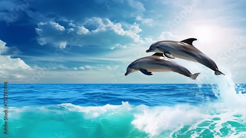 Two Dolphins Jumping Out of Water. Generative AI. © Галя Дорожинська