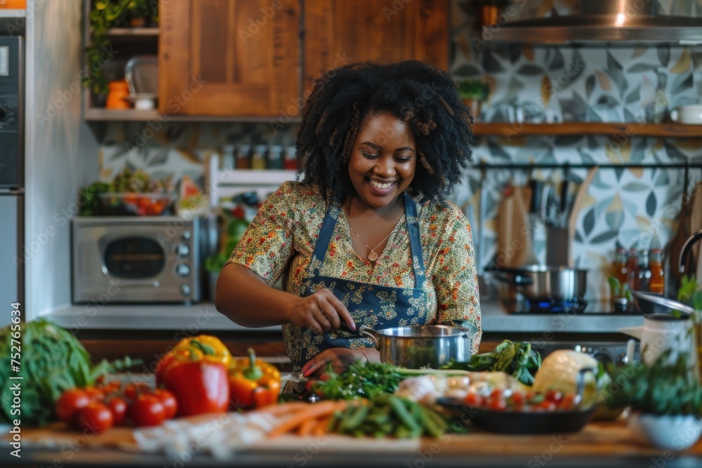 Joyful woman cooking with an array of fresh vegetables in a home kitchen.