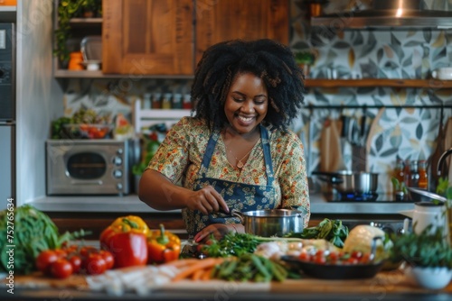 Joyful woman cooking with an array of fresh vegetables in a home kitchen. © evgenia_lo