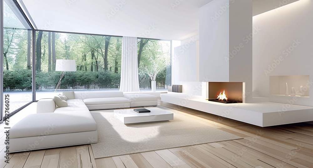 Modern Living Room with White Furniture and Fireplace Generative AI Modern Living Room with White Furniture and Fireplace Generative AI