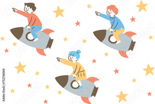 指を差してロケットに乗っている子どもたち_色