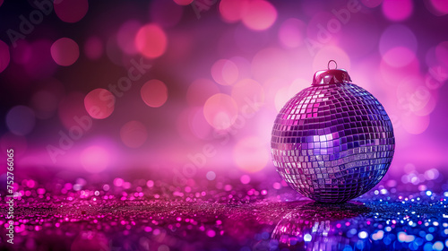Disco ball lying on a sparkling surface with purple and blue lights creating a festive and dance-ready atmosphere.