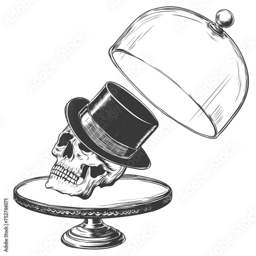 Hand drawn skull with hat cylinder under glass lid or cloche. Engraving of serving dish with skull in top hat. Vector illustration isolated on white background. Vintage Line graphic sketch