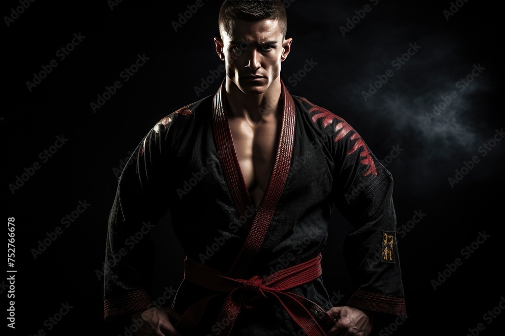 Martial arts fighter with belt on black background, an aggressive handsome man in the black shirt is demonstrating his punch at a dark photo studio concept , Ai generated Martial arts fighter with belt on black background, an aggressive handsome man in the black shirt is demonstrating his punch at a dark photo studio concept , Ai generated