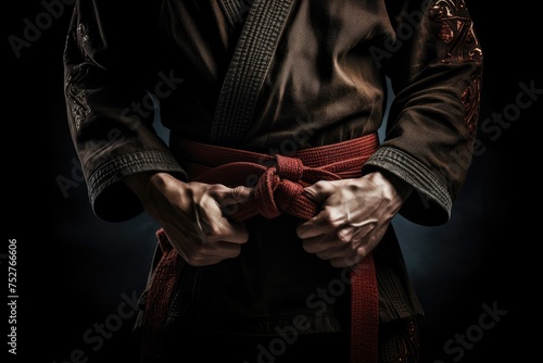 Martial arts fighter with belt on black background, an aggressive handsome man in the black shirt is demonstrating his punch at a dark photo studio concept , Ai generated