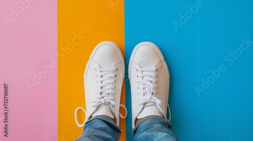 Sneaker Trend White and Blue Sneakers on a Colorful Background Generative AI photo