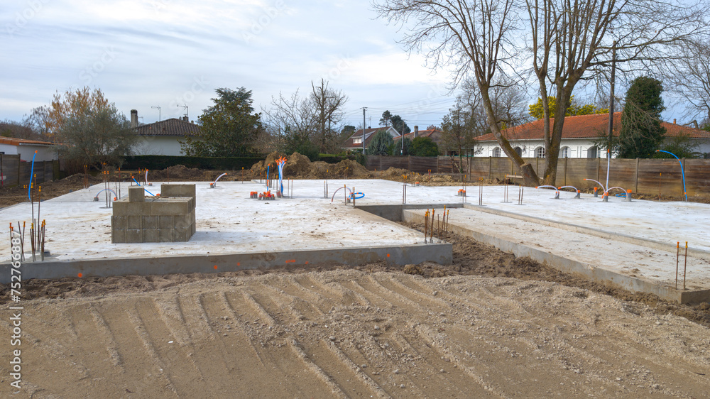 foundation and plinth concrete is poured construction with water inlet and evacuation tubes foundation and plinth concrete is poured construction with water inlet and evacuation tubes