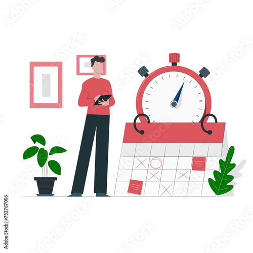 Flat design Time management. Illustration of a man manage a time and schedule with calendar background