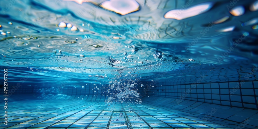 fotografía bajo el agua de una piscina olímpica, sumergido bajo el agua de la piscina  - obrazy, fototapety, plakaty 