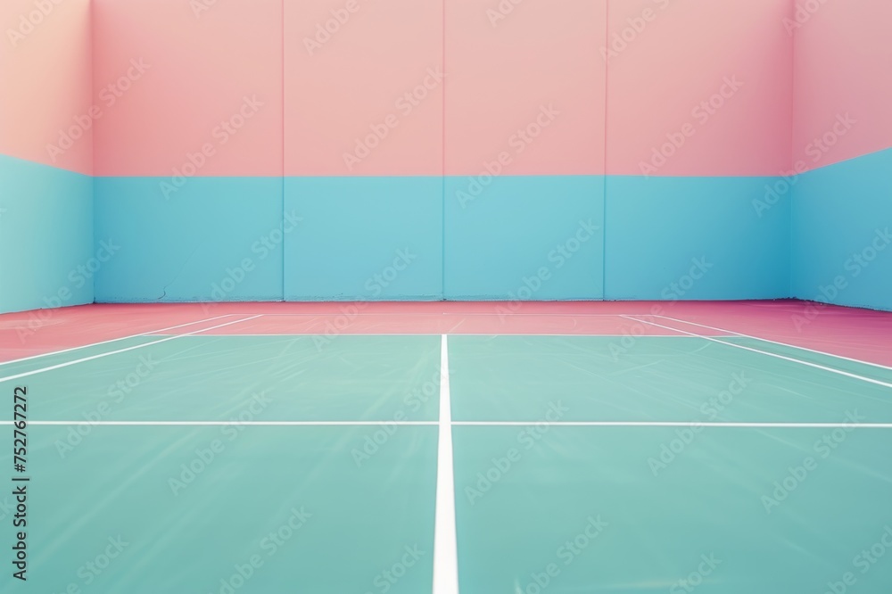 pista de tenis en un recinto cerrado con colores pastel, cancha de tenis aesthetic  - obrazy, fototapety, plakaty 
