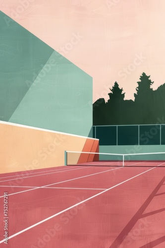 Ilustración minimalista de pista de tenis aesthetic al atardecer 