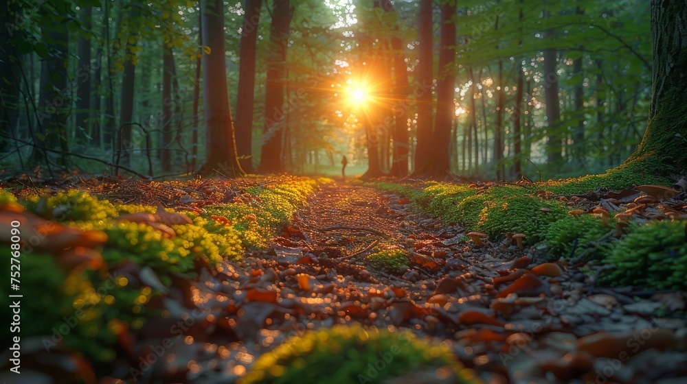 Obraz premium Amazing forest. Morning light The sun is just rising. Moss on the ground. Mushrooms scattered in the forest. morning dew water drops and grass In the foreground, hikers are on the forest path.