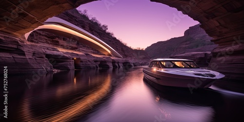 Under the cover of darkness, a daring stunt boat navigates the city river with precision and skill, leaving trails of excitement in its wake © jambulart