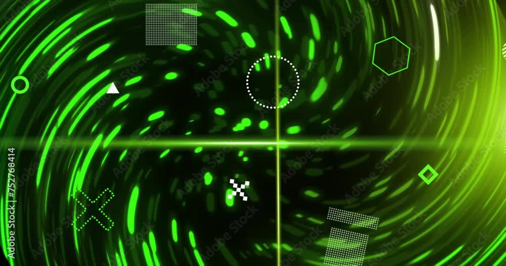 Animation of rotating shapes and green scanner beams over swirling green lights on black background Animation of rotating shapes and green scanner beams over swirling green lights on black background