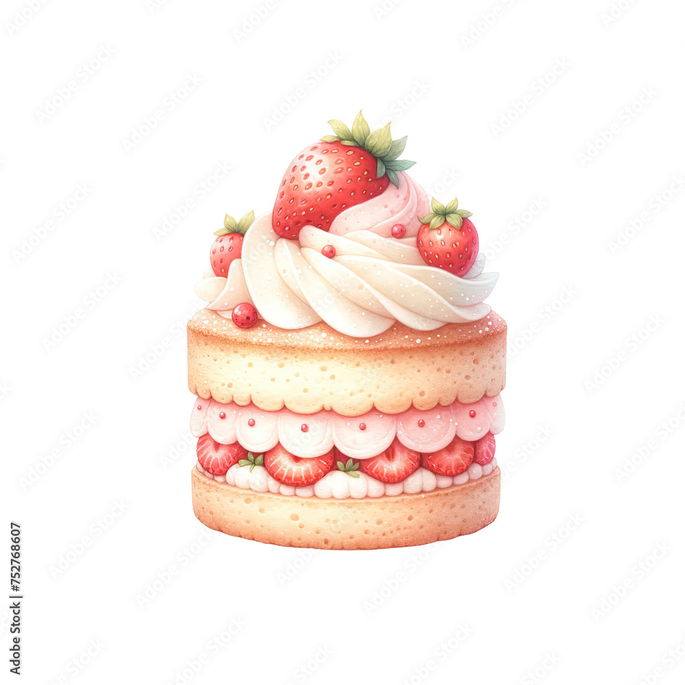 A cake with strawberries and whipped cream on top. The cake is pink and white. It looks like a dessert A cake with strawberries and whipped cream on top. The cake is pink and white. It looks like a dessert