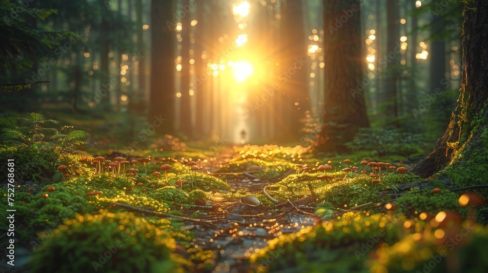 Obraz premium Amazing forest. Morning light The sun is just rising. Moss on the ground. Mushrooms scattered in the forest. morning dew water drops and grass In the foreground, hikers are on the forest path.