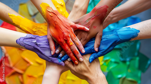 Multiple hands with colorful painted palms stacked together, symbolizing unity, teamwork, and creativity among diverse individuals. photo