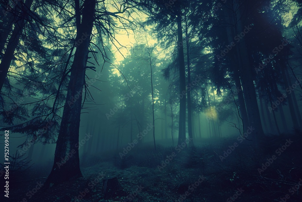 Naklejka premium Foggy Forest A Mysterious Nighttime Adventure Generative AI