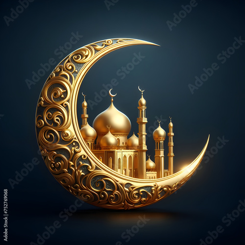 Golden crescent moon with mosque, arabic holiday design, isolated a dark blue background, celebrating Ramadan