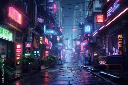 A neon Light, rain slicked alleyway in a futuristic city, with holographic advertisements swirling overhead and augmented reality displays flickering on passersby's glasses, Ai generated photo