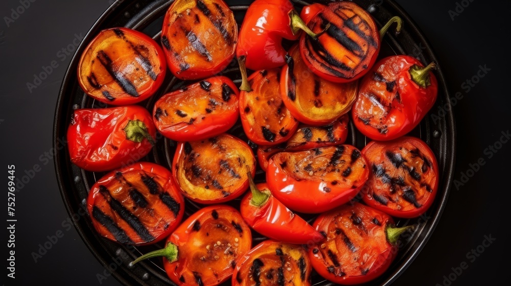 Vegetarian organic food consisting of grilled red peppers on a grill plate