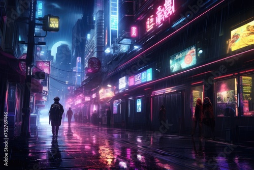 A neon Light, rain slicked alleyway in a futuristic city, with holographic advertisements swirling overhead and augmented reality displays flickering on passersby's glasses, Ai generated