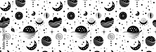 Seamless neo folk patterns with moon, cloud, sun and stars, black and white celestial design. Set Neo folk style endless backgrounds perfect for textile design.