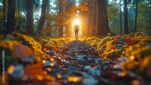 Amazing forest. Morning light The sun is just rising. Moss on the ground. Mushrooms scattered in the forest. morning dew water drops and grass In the foreground  hikers are on the forest path.