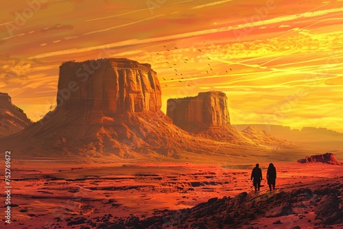 Sunset in the Desert Two People Walking Along the Cliffs Generative AI