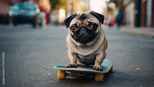 Pug Dog learns to ride at skateboard