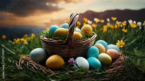 Eeaster eggs colorful pastel colors on table in the basket Happy Easter day	 photo
