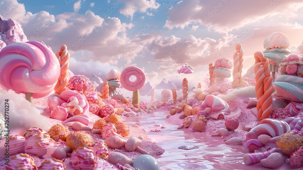 Fototapeta premium Dreamlike Landscape of Pink Candies and Lollipops, To provide a unique and eye-catching image for use in advertising, marketing, or editorial content