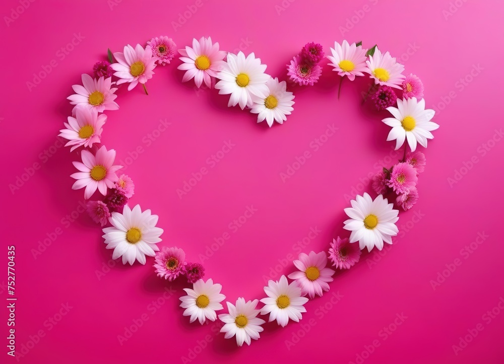 the heart is lined with flowers on a pink background. space for text.