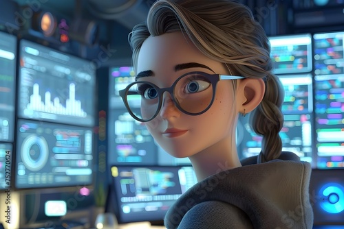 Girl with Glasses in Front of Digital Screens in Animation Style, To convey a sense of modern technology and innovation through the depiction of a