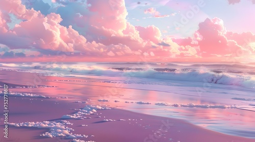 Pink Anime-Style Beach and Sky at Sunset, To provide a visually appealing and calming beach scene in the style of anime aesthetic, suitable for a