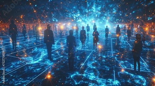 Glowing Blue Network A Futuristic Scene of People in a Blue-lit Space Generative AI photo