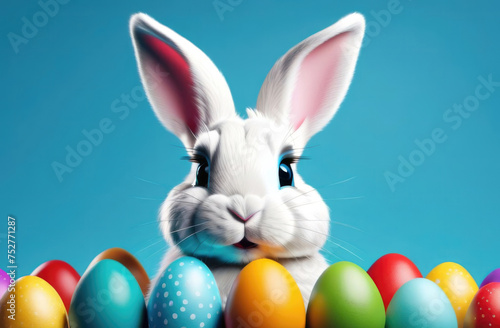 Cute Easter bunny with colorful easter eggs on blue background. Happy Easter concept © Natalia Garidueva