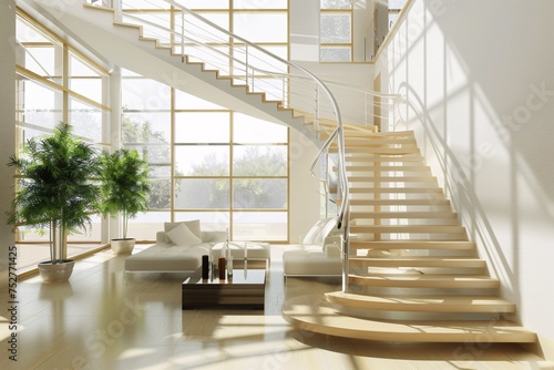 Modern Living A Staircase with a Glass Railing and a White Couch Generative AI