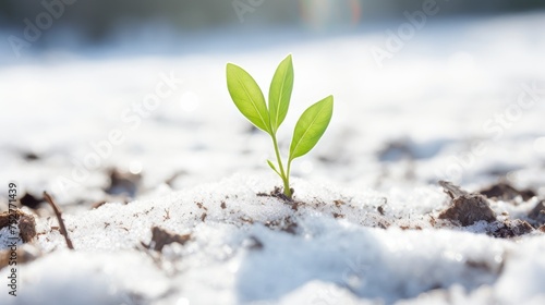 Young green sprout from the ground through white early spring day snow