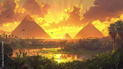 Sunset Over the Nile A Glimpse of Ancient Egypt Generative AI photo