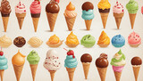 Set of ice creams of different flavors, shapes and colors