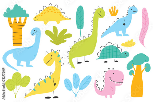 Set of cute dinosaurs in scandinavian style. Collection of baby dino isolated on white background. Vector illustration.