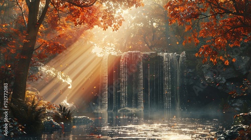 Fall Foliage Frenzy A Sunlit Waterfall in Autumn Generative AI