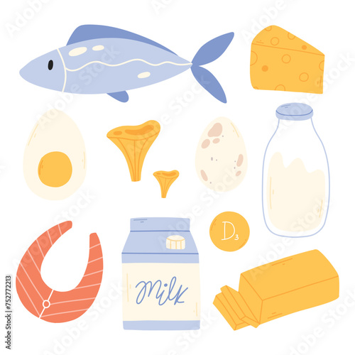 Set of products containing vitamin D. Foods high in vitamin D. Hand drawn collection of vitamin D. Vector illustration.