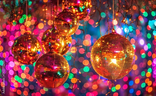 Glowing Disco Balls Hang from the Ceiling, Creating a Festive Atmosphere Generative AI