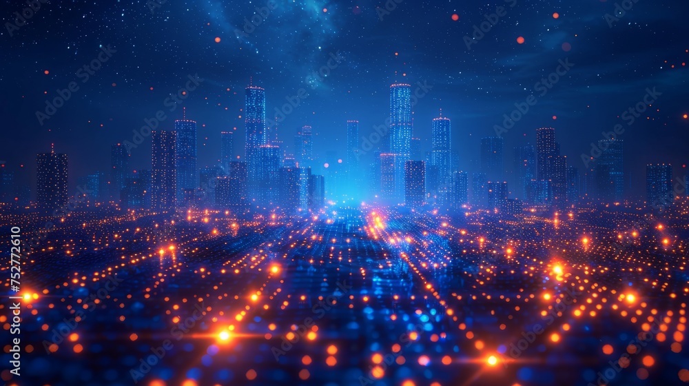 A futuristic city in neon and gold-yellow or orange light. Abstract background. The concept of modern technologies A futuristic city in neon and gold-yellow or orange light. Abstract background. The concept of modern technologies