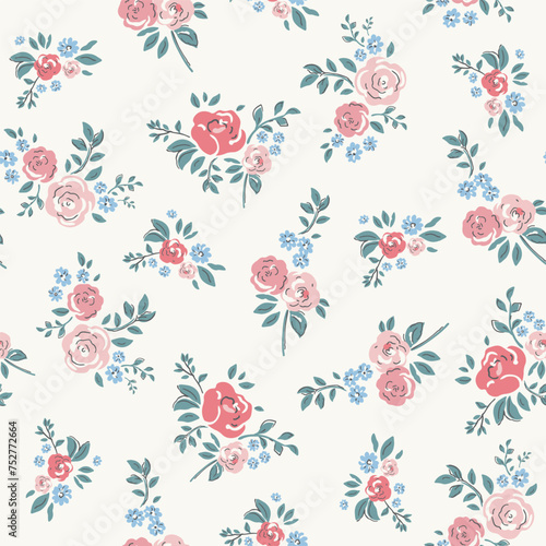 Delicate watercolor seamless pattern depicting pink, red and blue flowers on a light background. © Maxim