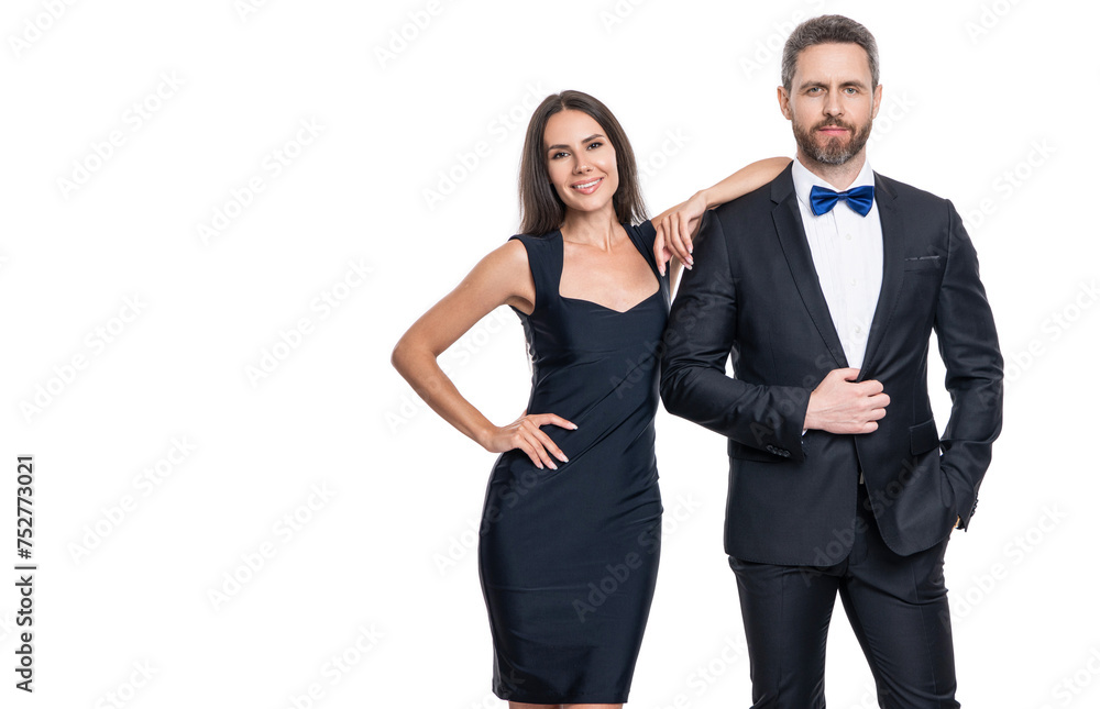 Elegant couple in formal clothes isolated on white. Woman and man at occasion date. Romantic love. Valentines day. Elegantly dressed couple. Formal man and woman. Couple is posing. Graceful twosome Elegant couple in formal clothes isolated on white. Woman and man at occasion date. Romantic love. Valentines day. Elegantly dressed couple. Formal man and woman. Couple is posing. Graceful twosome