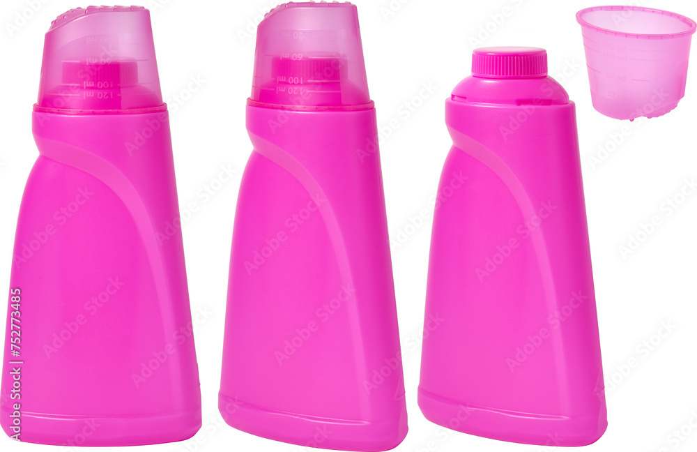 pink detergent plastic bottle with measuring cap and cleaning liquid isolated pink detergent plastic bottle with measuring cap and cleaning liquid isolated