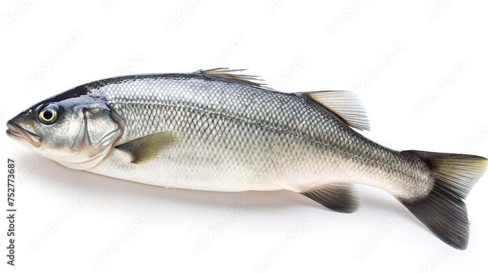 Oceanic Freshness: One Raw Seabass Fish Isolated on White Oceanic Freshness: One Raw Seabass Fish Isolated on White